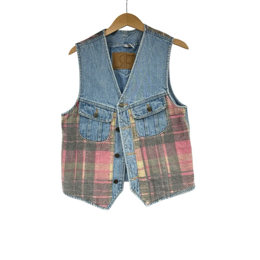 Vintage Western Red Plaid Southwest‎ Style Denim Vest Workwear Womens M